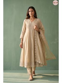 DEVRI - Mehr Mul Chanderi Embroidered Beige Anarkali with Pant and Dupatta