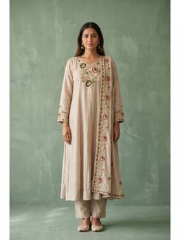 DEVRI - Beige Gulnaar Mul Chanderi Embroidered Kurta with Salwar and Dupatta