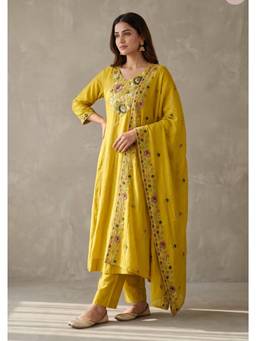 DEVRI - Mustard Gulnaar Mul Chanderi Embroidered Kurta with Pant and Dupatta