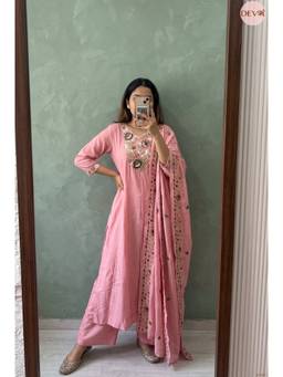 DEVRI - Pink Gulnaar Mul Chanderi Embroidered Kurta with Palazzo and Dupatta