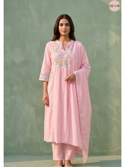 DEVRI - Pink Gulnaaz Pure Cotton Embroidered Kurta with Pant and Dupatta