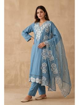 DEVRI - Blue Gulnaar Muslin Embroidered Kurta with Salwar and Dupatta
