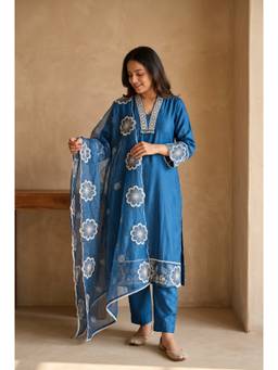 DEVRI - Nayantara Romen Silk Blend Embroidered Teal Blue Kurta with Pant and Dupatta