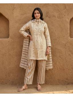 DEVRI - Zarmina Tissue Silk Embroidered Beige Kurta with Pant and Dupatta