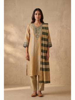 DEVRI - Zareen Pure Tissue Silk Embroidered Beige Kurta with Pant and Dupatta
