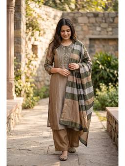 DEVRI - Zareen Pure Tissue Silk Embroidered Bronze Kurta with Salwar and Dupatta