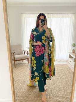 DEVRI - Multi-Color Russian Silk Peacock Kurta with Salwar and Dupatta