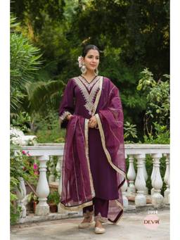 DEVRI - Purple Pure Natural Crepe Kurta with Salwar and Dupatta