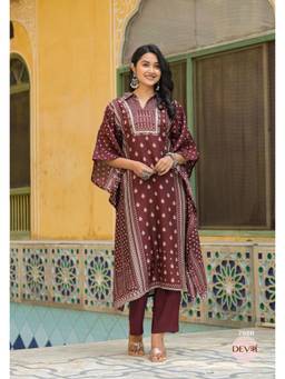 DEVRI - Maroon Stylish Pure Dola Kaftan with Pant