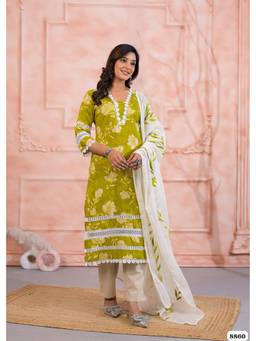 DEVRI - Green Cotton Printed Kurta with Salwar and Dupatta