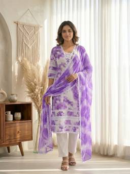 DEVRI - Purple Cotton Printed Kurta with Salwar and Dupatta