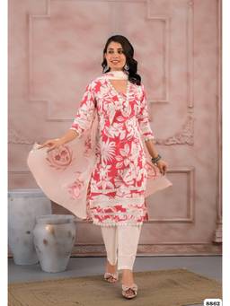 DEVRI - Red Cotton Printed Ready-Made Kurta with Salwar and Dupatta