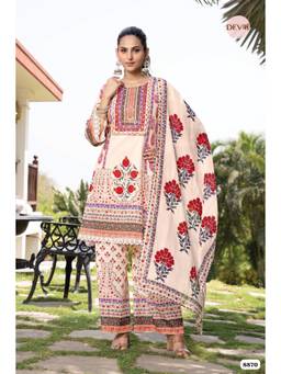 DEVRI - Beige Cotton Printed Kurta with Salwar and Dupatta