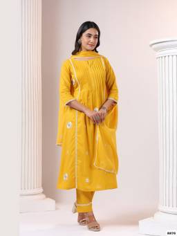 DEVRI - Yellow Mul Chanderi Readymade Kurta with Salwar and Dupatta