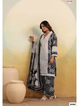 DEVRI - Black Cotton Printed Stitched Kurta with Salwar and Dupatta