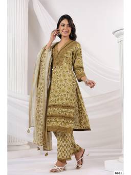 DEVRI - Olive Cotton Printed Ready Kurta with Salwar and Dupatta