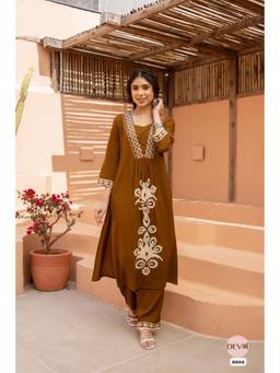 DEVRI - Brown German Reyon Printed Kurta with Salwar