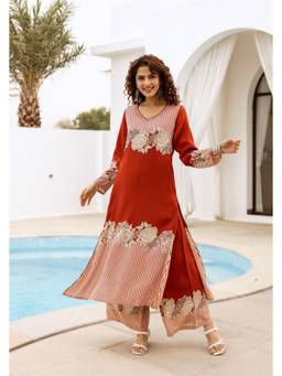 DEVRI - Orange Reyon Printed Readymades Kurta with Salwar