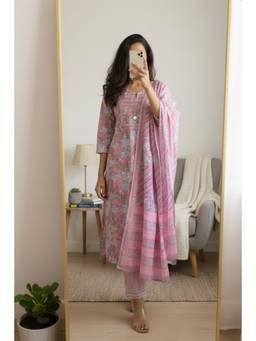 DEVRI - Pink Summer Cotton Printed Kurta with Salwar and Dupatta