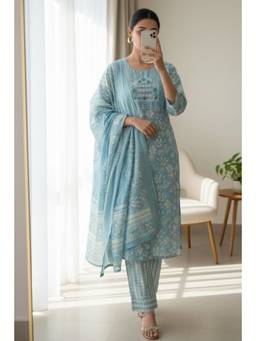 DEVRI - Blue Summer Cotton Printed Kurta with Salwar and Dupatta