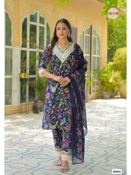 DEVRI - Blue Cotton Stitched Printed Kurta with Pant and Dupatta