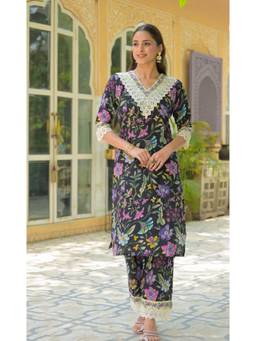 DEVRI - Black Cotton Stitched Printed Kurta with Palazzo and Dupatta