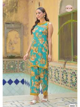 DEVRI - Green Pure Muslin Printed Tunic with Pant