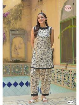DEVRI - Beige Pure Muslin Printed Tunic with Pant