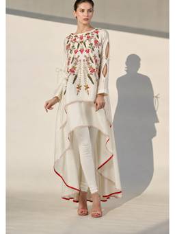 SAMANT CHAUHAN - White Cut-Out Sleeves Embroidered Kurta with Churidar