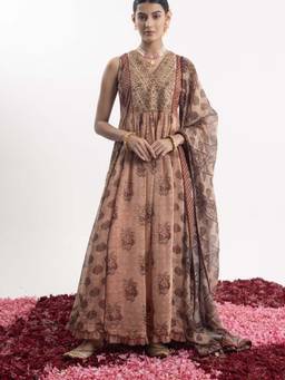SAMANT CHAUHAN - Brown Long Printed Anarkali with Churidar and Dupatta
