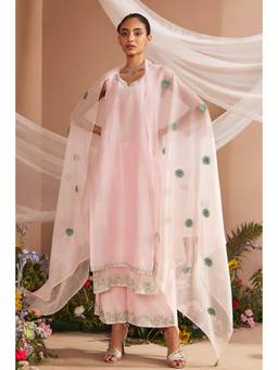DOHR INDIA - Pink Ruh Cotton Embroidered Kurta with Pant and Dupatta