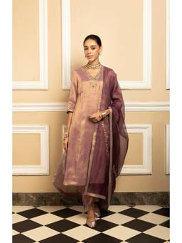 DOHR INDIA - Purple Suhani Tissue Embroidered Kurta with Salwar and Dupatta