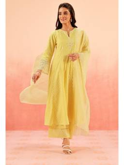DOHR INDIA - Yellow Tarini Cotton Blend Embroidered Kurta with Pant and Dupatta