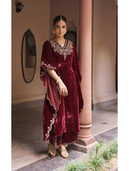 DOHR INDIA - Red Firoz Embroidered Kaftan with Pant
