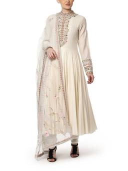 SAMANT CHAUHAN - White Embroidered Anarkali Kurta with Churidar and Dupatta