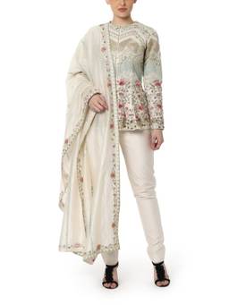 SAMANT CHAUHAN - Off White Embroidered Peplum Kurta with Pants and Dupatta