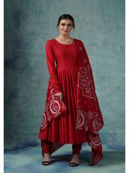 SAMANT CHAUHAN - Red Cotton Silk Anarkali Kurta with Churidar Dupatta