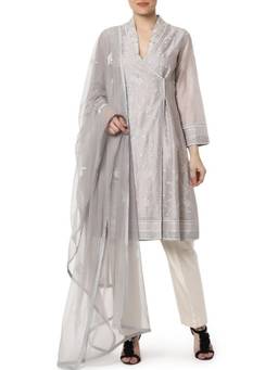 SAMANT CHAUHAN - Grey Embroidered Angrakha Kurta with Pant and Dupatta