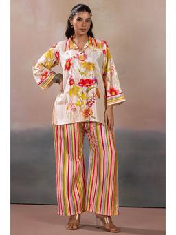 LABEL AARNA - Off White Blossom Breeze Silk Crepe Women Co-Ord Set with Digital Print