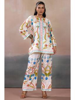 LABEL AARNA - White Pearl Dewdrop Silk Crepe Women Co-Ord Set with Digital Print