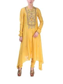 SAMANT CHAUHAN - Yellow Asymmetrical Kurta with Churidar and Dupatta