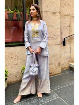Ishnya - Mizaaj Lilac Stripes Kurti with Palazzo and Potli