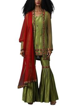 SAMANT CHAUHAN - Green Cotton Silk Kurta with Gharara and Dupatta