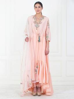 SAMANT CHAUHAN - Peach Cotton Silk Anarkali Kurta with Churidar and Dupatta