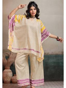 LABEL AARNA - Beige Gold Wine Linen Women Co-Ord Set with Digital Print