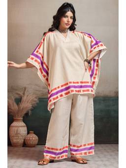 LABEL AARNA - Beige Plum Grid Linen Women Co-Ord Set with Digital Print