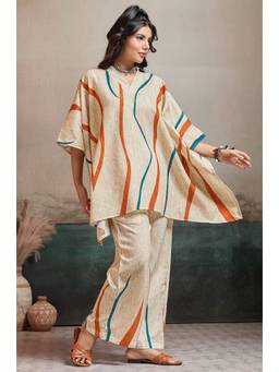 LABEL AARNA - Beige Wave Valley Linen Women Co-Ord Set with Digital Print