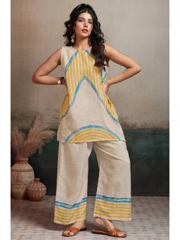 LABEL AARNA - Beige Sunbeam Stripe Linen Women Co-Ord Set with Digital Print