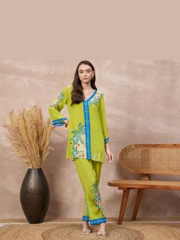 First Resort by Ramola Bachchan - Lime Green Tropical Palm Co-ord Set