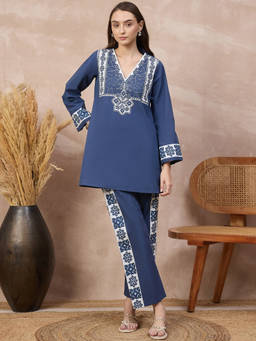 First Resort by Ramola Bachchan - Blue Geometric Mosaic Floral Co-ord Set